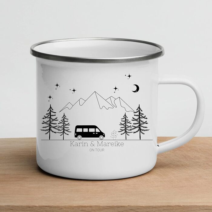 Емальована кружка Маленька Матильда, барвиста персоналізована кемпінгова кружка з іменем для кемперів, кавова кружка, аксесуар для караванів, кружка з нержавіючої сталі, подарунок для кемперів (чорний колір для кемперів)