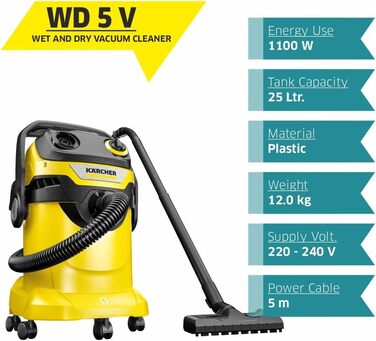 Пилосос для сухого та вологого прибирання Krcher WD 5 V-25/5/22, функція видування, потужність 1100 Вт, пластиковий контейнер 25 л