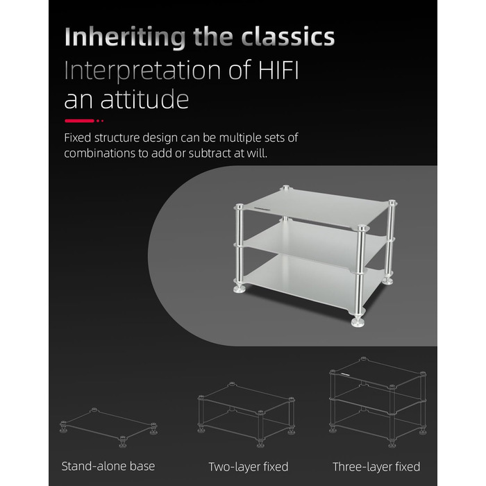 Стійка для аудіокомпонентів Hi-Fi - міцна алюмінієва рама та міцні алюмінієві колони, аудіостійка для Hi-Fi підсилювачів/ЦАП/передпідсилювачів, компактний настільний органайзер для домашніх аудіосистем