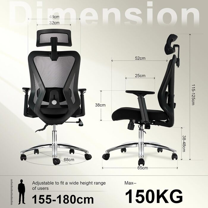 Ергономічне офісне крісло, робоче крісло з триступеневим фіксатором нахилу, обертове крісло з регульованим підголівником, підлокітниками та поперековою опорою, офісне крісло 150 кг