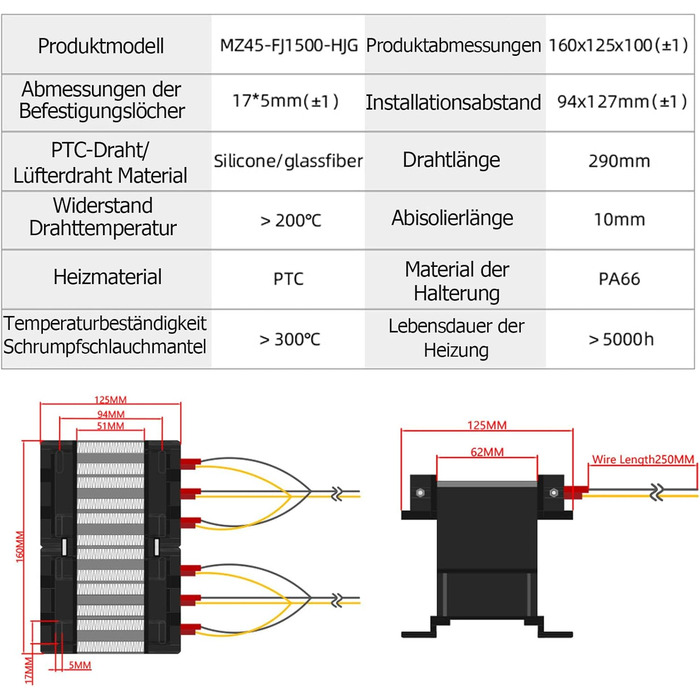 Нагрівальний елемент PTC 220V 1500W Керамічний повітряний нагрівач PTC, електроізольований керамічний термостат, високопродуктивний нагрівальний елемент PTC, PTCYIDU