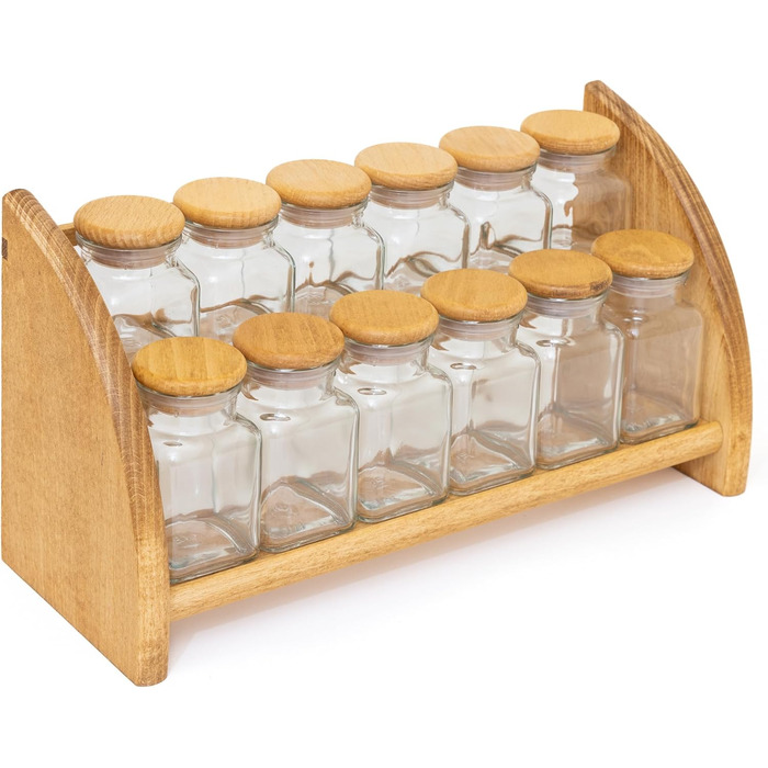 Підставка для спецій, полиця для спецій, підставка для спецій, букова деревина з 12 скляними банками для спецій