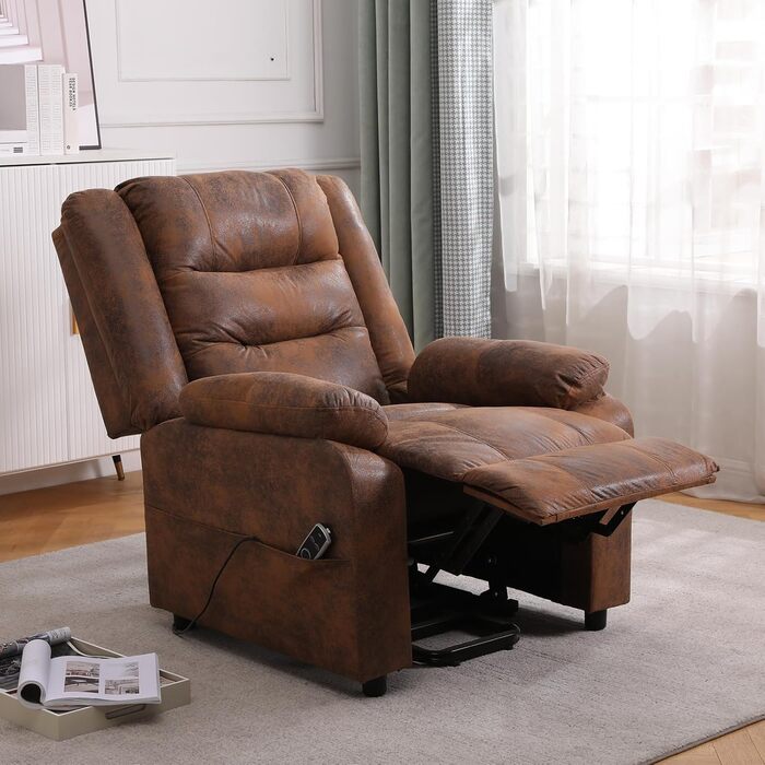 Електричне крісло-реклайнер, крісло для телевізора, масажне крісло з підйомником, підігрів, функція відкидання, флокована шкіра (коричневого кольору)