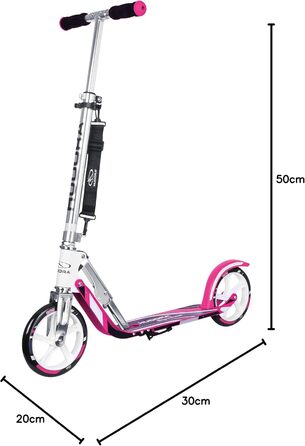Самокат HUDORA BigWheel 205 стабільний алюмінієвий міський самокат, складаний, з регулюванням висоти та підніжкою, для дітей та дорослих (до 100 кг), білий/рожевий
