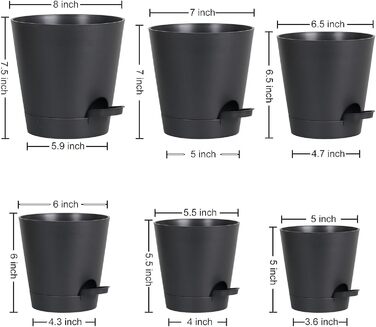 Набір із 6 самополивних квіткових горщиків, 20,3/17,8/16,5/15,2/14/12,7 см, горщики для рослин із системою поливу, кашпо з блюдцем, набір квіткових горщиків, ідеально підходить для кімнатних та балконних садів, чисто чорний колір