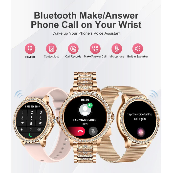 Для Android iOS Smart Watch Women 100 Sports Activity Tracker 1.32" HD Touch Screen Heart Rate Sleep Monitor Diamond Rose Gold Steel Women Smartwatch BW1845D-A