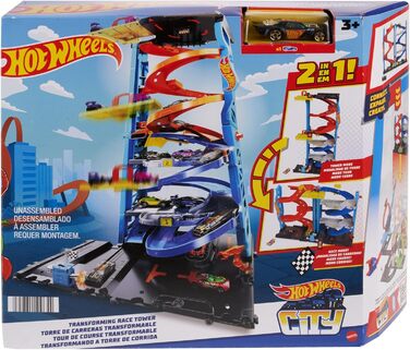 Міський трек Hot Wheels з 1 машиною, гоночна вежа 2-в-1, конвертується з одноколійної в двоколійну, ручний підйомник, HKX43 Race T