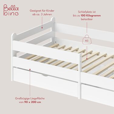 Дитяче ліжко Bellabino Kuru 90x200 з 2 висувними шухлядами, односпальне дитяче ліжко з захистом від випадіння та рейковою рамою, д