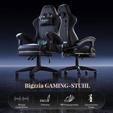 Ігрове крісло bigzzia з функцією масажу та підставкою для ніг, ергономічне ігрове крісло, регульована спинка 90-135, ігрове крісло з масажною поперековою подушкою та підголівником, ігрове крісло, чорне