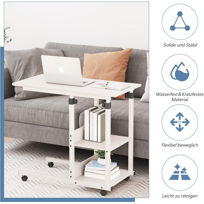 Журнальний столик Dripex з колесами, регульований по висоті стіл для ноутбука, виготовлений з дерева, столик для дивана, тумбочка, журнальний столик для спальні, вітальні, білий