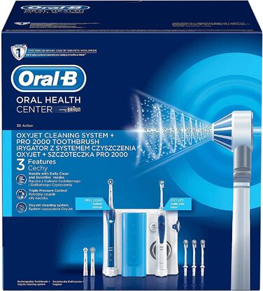 Електрична зубна щітка Oral-B Pro 2000 з водяною ниткою OxyJet, 3 щітки, 4 запасні насадки, набір для чищення зубів і догляду за зубами, подарунок чоловік/жінка, дизайн коричневий, білий/синій (1 упаковка)