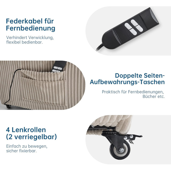 Моторне електричне крісло-реклайнер, крісло для телевізора з функцією відкидання, крісло для телевізора у вітальні з колесами, регульована спинка та підставка для ніг, 2 бічні кишені, вельветовий диван, бежевий, 2-