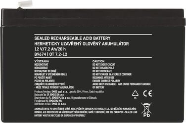 Свинцево-кислотний акумулятор, що не потребує обслуговування - 12 В 7,2 Аг - AGM акумулятор - роз&39єм Faston 6,3 мм - для пристроїв ДБЖ, сигналізації - 151 x 65 x 94 мм чорний 151 x 65 x 94 мм