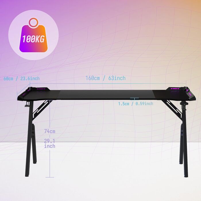 Ігровий стіл 160 x 60 см, ігровий стіл, комп&39ютерний стіл у формі літери А з RGB-світлодіодним підсвічуванням, карбонова поверхня, ергономічний кутовий стіл з підставкою для чашок та гачком для навушників, 160 x 60 см