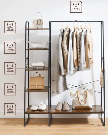 Вішалка для одягу, шафа-підставка, 45 x 120 x 160 см Шафа з рейкою для одягу, полиця для взуття, відкрита шафа, 6 знімних гачків, спальня, коридор, вінтажний коричнево-чорний RGR116B01 Рустикально-коричневий чорний