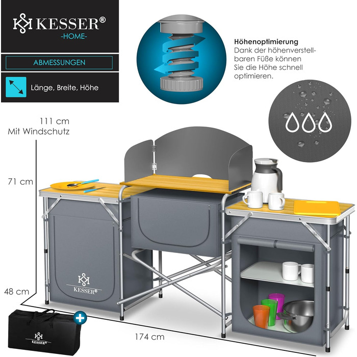 Кухня для кемпінгу KESSER У комплекті сумка для перенесення та комплект чашок Кемпінгова шафа, складна шафа з алюмінієвою рамою Дорожна кухня Кухонний ящик Шафа для намету Кухня для кемпінгу на свіжому повітрі Сірий Тип Великий Тип Великий Сірий