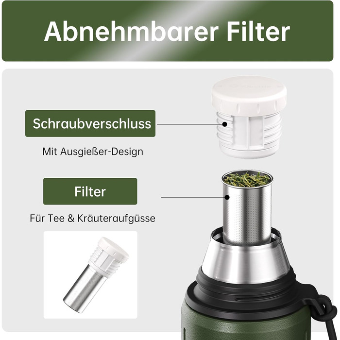 Термос з чашкою, 1 літр (зберігає холод 72 години та гарячий 24 години) Термопляшка для кави та чаю, зі знімним дном та фільтром, підходить для подорожей, офісу та школи (зелена)