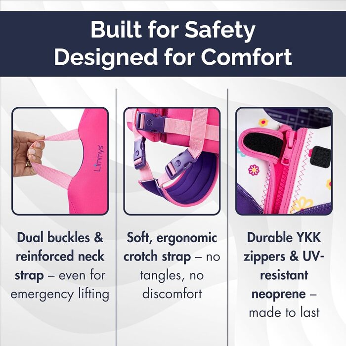 Плавальний жилет преміум-класу Limmys для дітей допоміжний жилет для плавання та безпеки для малюків, хлопчиків та дівчаток інноваційні функції безпеки, розмір S, ягідно-рожевий