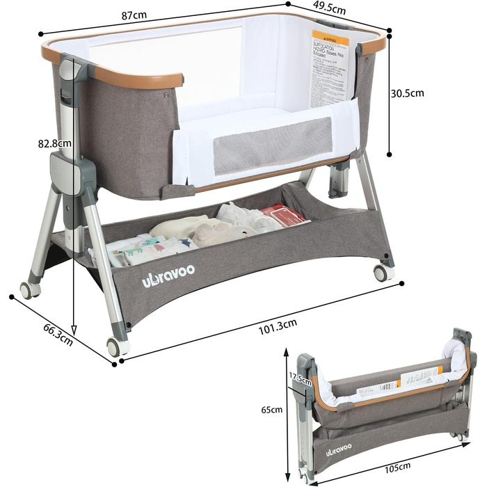 Дитяче ліжечко UBRAVOO 2-в-1 від народження до 15 кг, ліжечко Side-by-Sleep, додаткове ліжко з 5 регулюваннями висоти, регулювання нахилу матраца/складна бічна панель/4 колеса з гальмами, ліжечко з сітчастої тканини