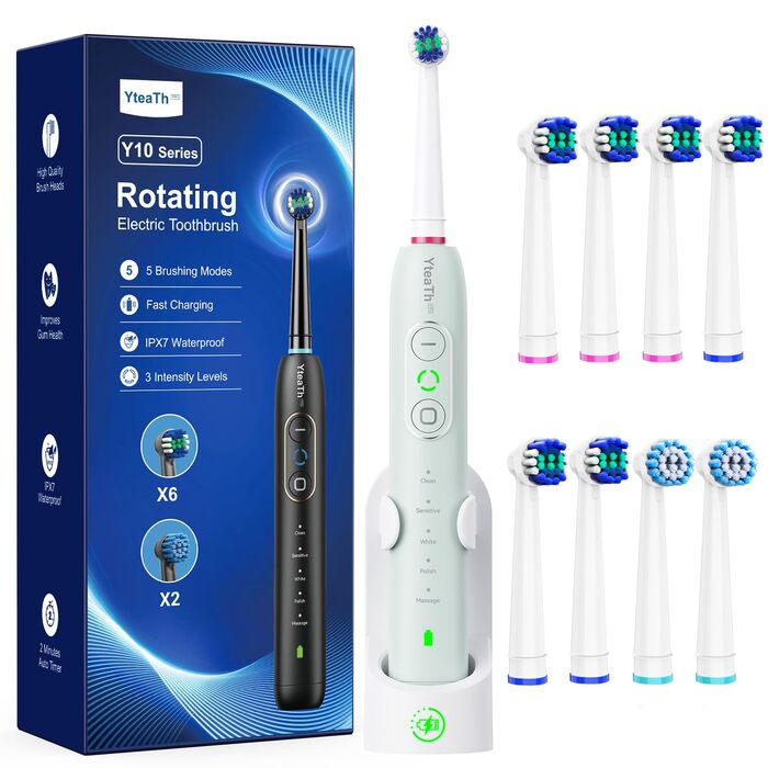Електрична зубна щітка з обертанням для чутливих ясен, для дорослих, 3 рівні інтенсивності, 5 режимів, 8 насадок, водонепроникна IPX7, електрична зубна щітка для подорожей, мятно-зелена