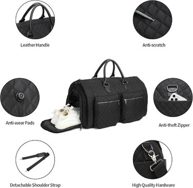 Сумка для одягу Seyfocnia Convertible для жінок, шкіряні сумки для одягу з чохлом для взуття, підвісні дорожні сумки 2-в-1, модні чорні