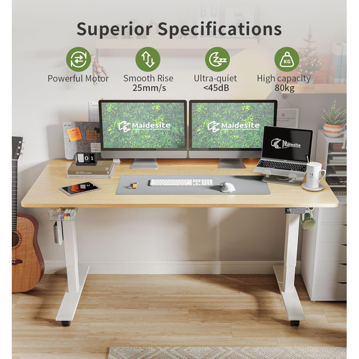 Письмовий стіл з регульованою висотою (140 x 70 см) Комп&39ютерний стіл з електричним регулюванням висоти, 4 режимами пам&39яті, дошкою для записів та колесами, що обертаються на 360 Стіл SN1 140 x 70 см, дуб біла рама