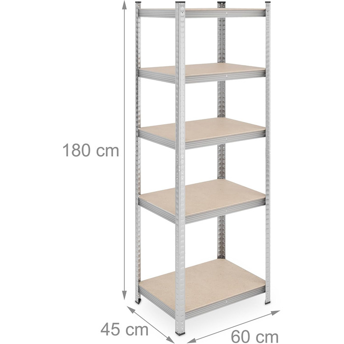 Потужний стелаж Relaxdays, комплект з 2 шт., 500 кг, сталь, стелажі для зберігання, підвал, гараж, підключаються до мережі, висота та ширина 180 x 60 x 45 см, сріблястий