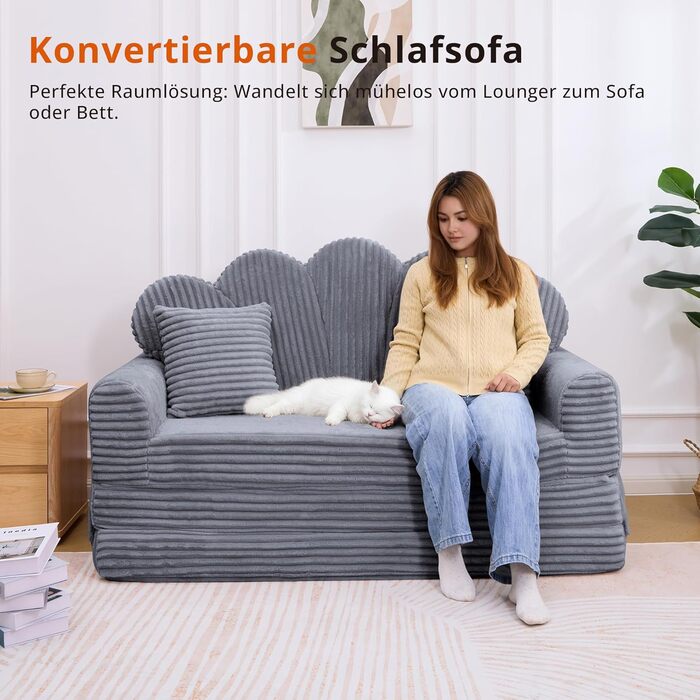 Місний розкладний диван IRONCK з функцією сну, диван-ліжко без кісток з вельвету та піни, диван-ліжко 153x267 см, розкладний диван-ліжко, 2 подушки та бічні кишені, диван-ліжко для вітальні-спальні, сірий темно-сірий, 2-