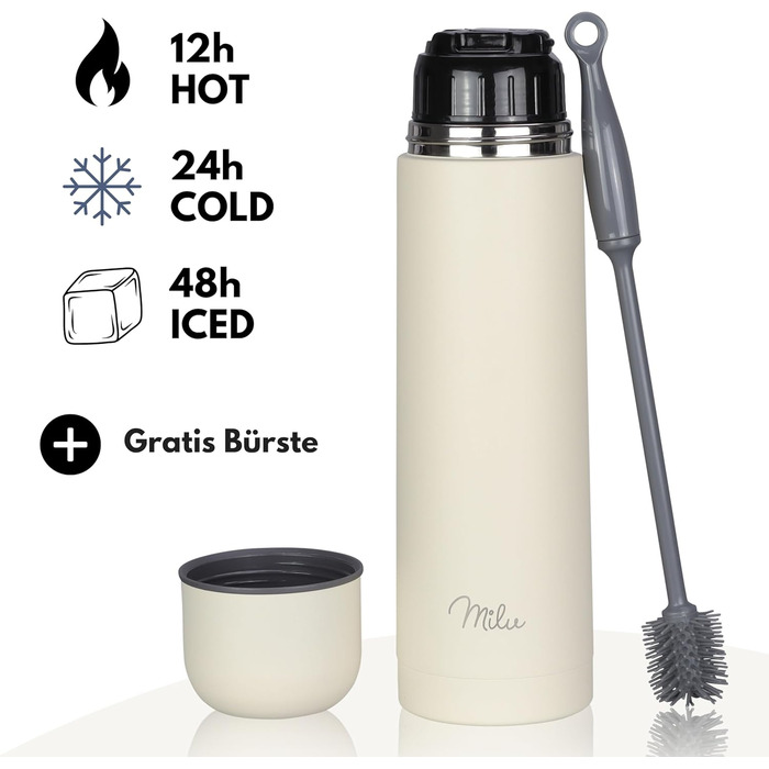 Термос Milu, ізольована пляшка, 1 л, 750 мл, 500 мл - ізольована пляшка для пиття з нержавіючої сталі, 100 герметична, з подвійною стінкою (Buttercream, 1000 мл) 1000 мл Buttercream