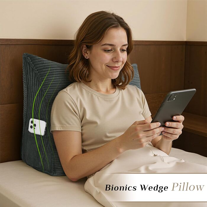 Вельветова клиноподібна подушка - трикутна спинка для ліжка та дивана, подушка для читання, ергономічна спинка, знімна, чохол, який можна прати (темно-сірий, 45 x 35 x 20 см) Темно-сірий 45x35x20 см