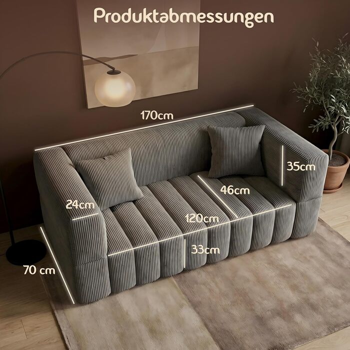 Місний вельветовий диван RUMMY, м&39який безкаркасний диван з піною з ефектом пам&39яті високої щільності, зручний диван для вітальні та спальні, сірий, 2-