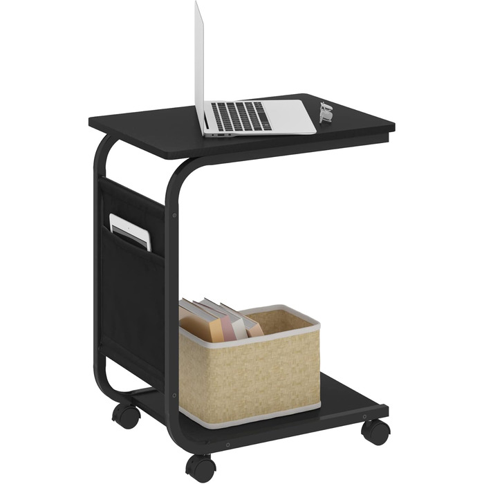 Журнальний столик WOLTU з 2 полицями та 1 бічною кишенею, журнальний столик-диван з місцем для зберігання, С-подібний стіл для вітальні, на колесах, для ліжка або дивана, виготовлений з дерева та металу, 50x62x35 см, чорний, BTS04sz