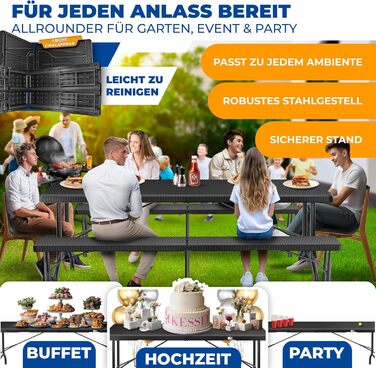 Комплект пивних меблів KESSER з 3 предметів стіл та 2 лавки Буфетний стіл для використання в приміщенні та на вулиці, складний комплект садових меблів, 183x76x74 см, пластиковий складний стіл, вигляд ротанга, садовий стіл, включає чохол та ручки для перен