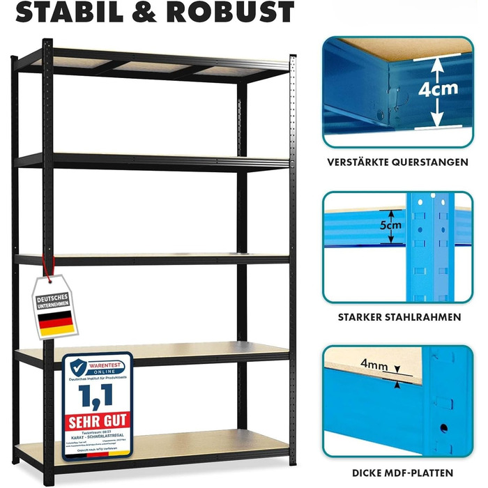 Міцний стелаж etm, упаковка з 2 шт., 200 x 100 x 50 см, чорний Безболтовий стелаж, стелаж для зберігання, окремостоячий стелаж, система складання без інструментів (Lakota, чорний) Чорний 200 x 100 x 50 см