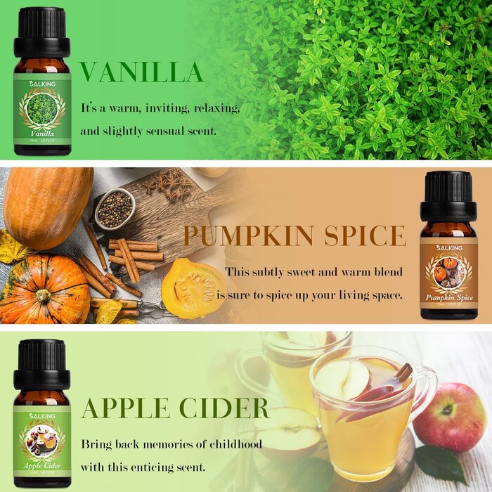 Набір осінніх ефірних олій SALKING, 6x10 мл 100 органічної ароматерапевтичної ароматичної олії, подарунковий набір для дифузора, зволожувача повітря, масажу, гарбузових спецій, ванілі, сосни звичайної, яблучного сидру, кориці, печива з корицею