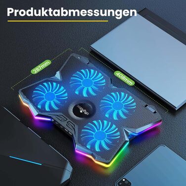 Охолоджувач для ноутбука Offgridtec K25 Pro, підставка з 4 тихими вентиляторами (1100 об/хв), 2 USB-порти, регульована висота, ергономічний дизайн для ігрових консолей та ноутбуків 10-17 дюймів, синій