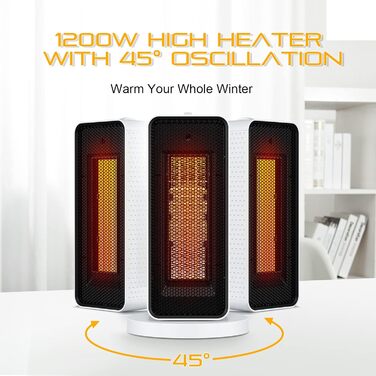 Енергозберігаючий тихий міні-електричний вентилятор-обігрівач Qoosea потужністю 1200 Вт з керамічним нагрівальним елементом, 3 режими, швидке нагрівання 3S, PTC-обігрівач для дому та офісу (білий)