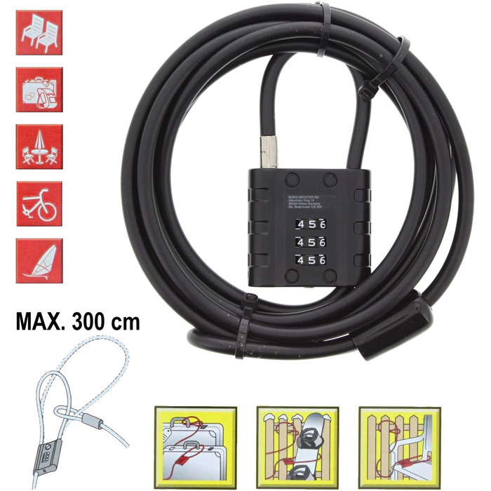 Замок тросовий Burg-Wchter з кодовим замком, для велосипеда, мотоцикла, електросамоката, садових меблів, 725 300 SnapLock, чорний, 3 м