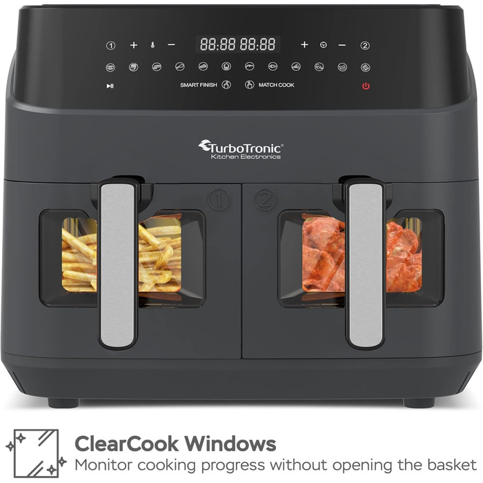 Гаряча аерофритюрниця XXL Подвійна фритюрниця 1600 Вт / 9 л (2 шт. 4.5 л камера) 10 програм Цифрова фритюрниця без жирного масла Подвійна аерофритюрниця Фритюрниця Power Grey