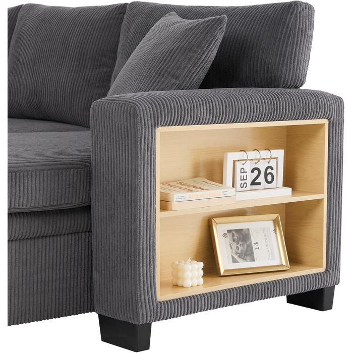 Кутовий диван Merax з функцією сну, практичний розкладний диван з ящиком для зберігання та USB-роз&39ємом, розкладний диван з місцем для зберігання, бічними полицями, сучасний L-подібний диван для вітальні, спальні, сірий B-сірий (з бічними полицями)