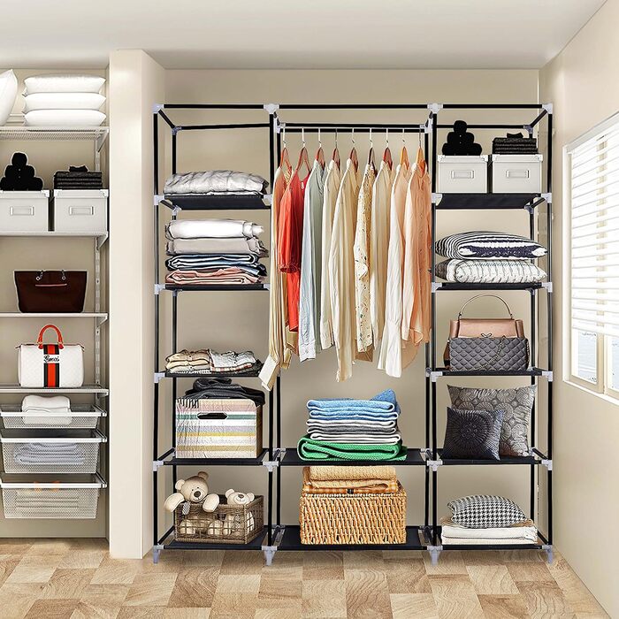 Тканинна шафа Ribelli з 12 відділеннями та вішалки для одягу, приблизно 175 x 150 x 45 см, Складана шафа з вілу, Шафа для спальні, вітальні, гардеробної, Сірий, 12 відділень, Сірий