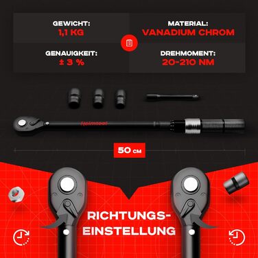 Динамометричний ключ Heimtool 1/2 дюйма Автомобіль 30-210 нм з аксесуарами Набір для заміни шин Дуже точний і надійний Перевірено та сертифіковано Набір для заміни шин
