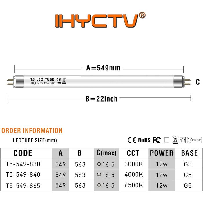 Світлодіодна трубка IHYCTV T5, 549мм, заміна на люмінесцентні лампи, F14T5, 12W, 1550lm, 3000K, 830, теплий білий, цоколь G5, робота з відповідним ЕПРА, 140 градусів, без відблисків