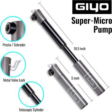 Велосипедний насос GIYO Super Micro, металевий, найменший насос, доступний з телескопічним насосом для гірського велосипеда (80 PSI), великий об&39єм, клапан Presta та Schrader, зроблено на Тайвані (GM-043LT)