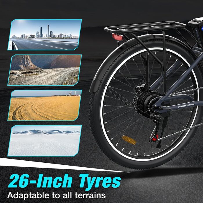 Електровелосипед RCB 26&39, двигун 250 Вт, 7 передач, запас ходу 35-90 км, міський електровелосипед, подвійні дискові гальма, гірський електричний велосипед з водонепроникною велосипедною сумкою, чорний