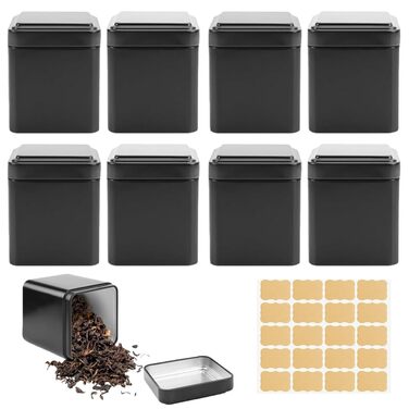 Класичних квадратних чайних банок, 7 x 7 x 8,5 см, для розсипного чаю, включаючи 20 етикеток, набір металевих ароматизованих чайних банок, місце для зберігання чаю, кави, цукру (чорні), 10