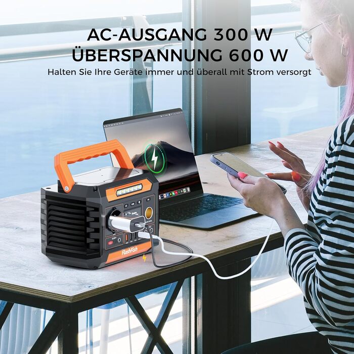 Портативна електростанція FlashFish 230 Втгод із сонячною панеллю 60 Вт, сонячним генератором 300 Вт (пікова потужність 600 Вт) з 2 портами постійного струму, 4 портами USB, світлодіодними ліхтарями, аварійним джерелом живлення для кемпінгу, подорожей, ві