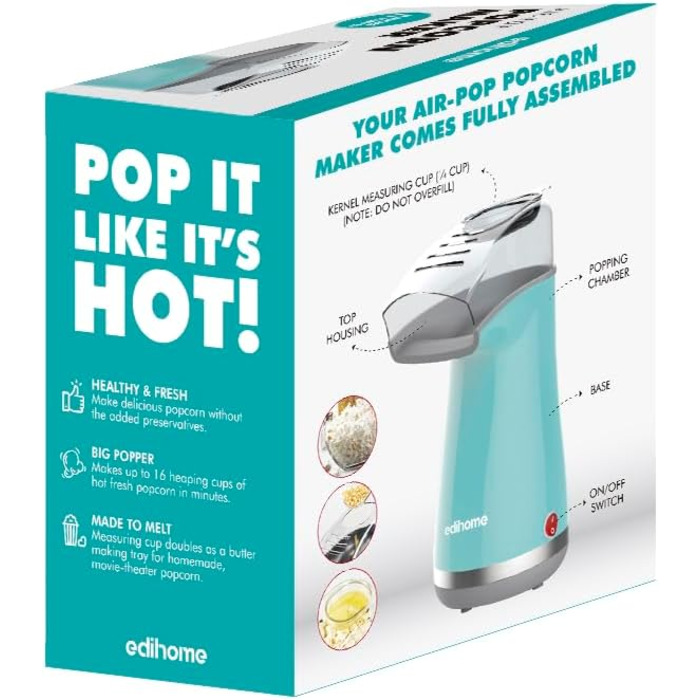 Машина для приготування попкорну, Машини для приготування попкорну, Електрична машина для приготування попкорну, 1200 Вт, включаючи дозуючу ложку, Попкорн готовий за 2 хвилини, Домашній кінотеатр, Серія (синій)