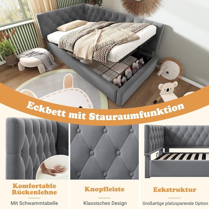 М&39яке ліжко, односпальне ліжко, дитяче ліжко 90x200 см, диван-ліжко/кушетка з гідравлічним відділенням для зберігання, кушетка/дитяче ліжко, каркас ліжка зі спинкою та рейковою основою з дерева, оксамит, без матраца (сірий)