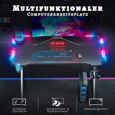 Ігровий стіл зі світлодіодним освітленням, ігровий стіл 100 x 60 см, міцний комп&39ютерний стіл з вуглецевим покриттям, ігровий стіл з підсклянником та гачком для навушників, чорний, стіл 100 см